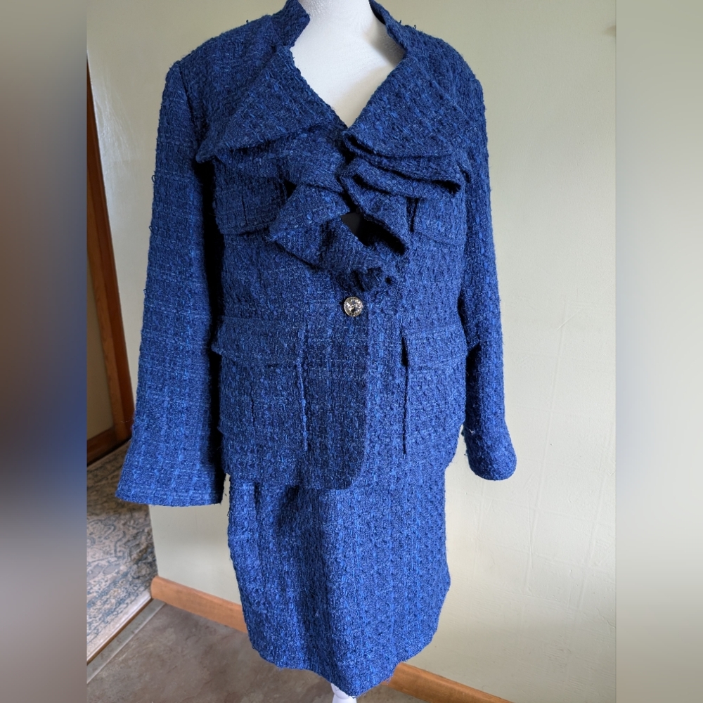 Midnight Velvet Blue Tweed Skirt Suit with Ruffle Detail